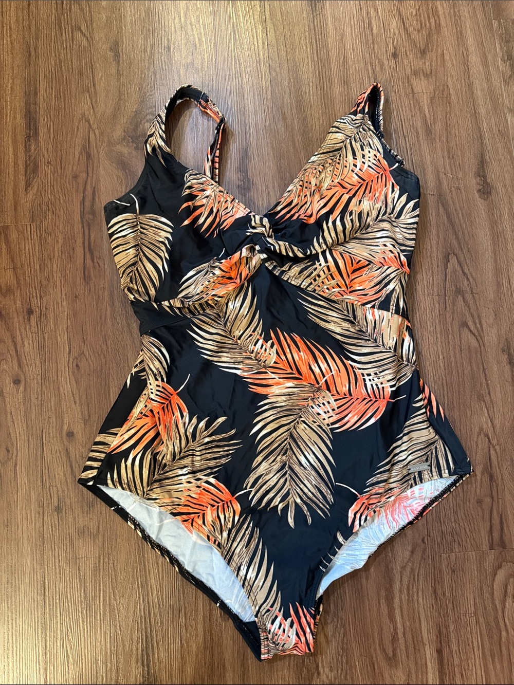 Tropical Palm Twist One-Piece Swimsuit - Black/Orange